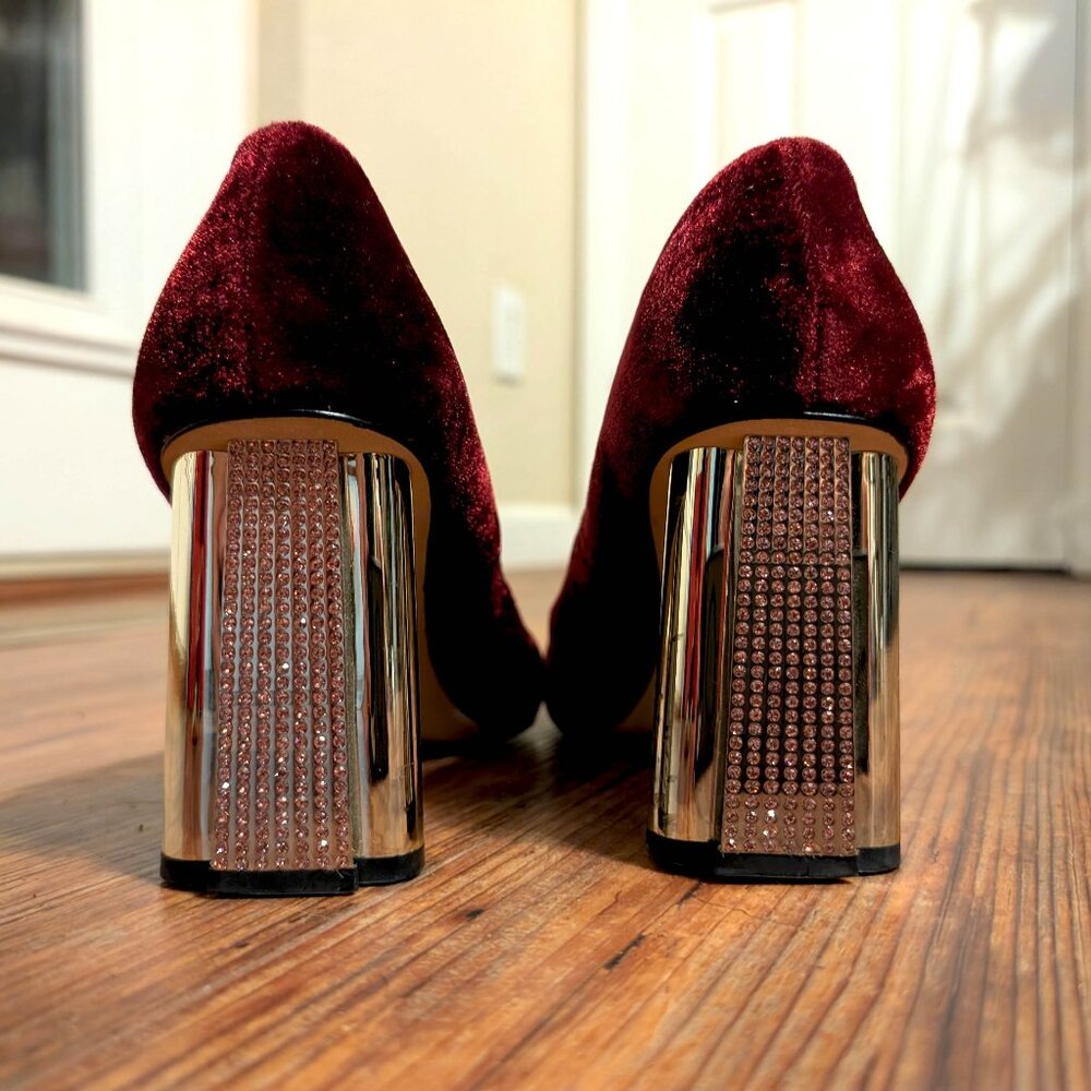 Kate Spade Sybil Burgundy Velvet Pumps with Rhinestone Block Heels Vero Cuoio